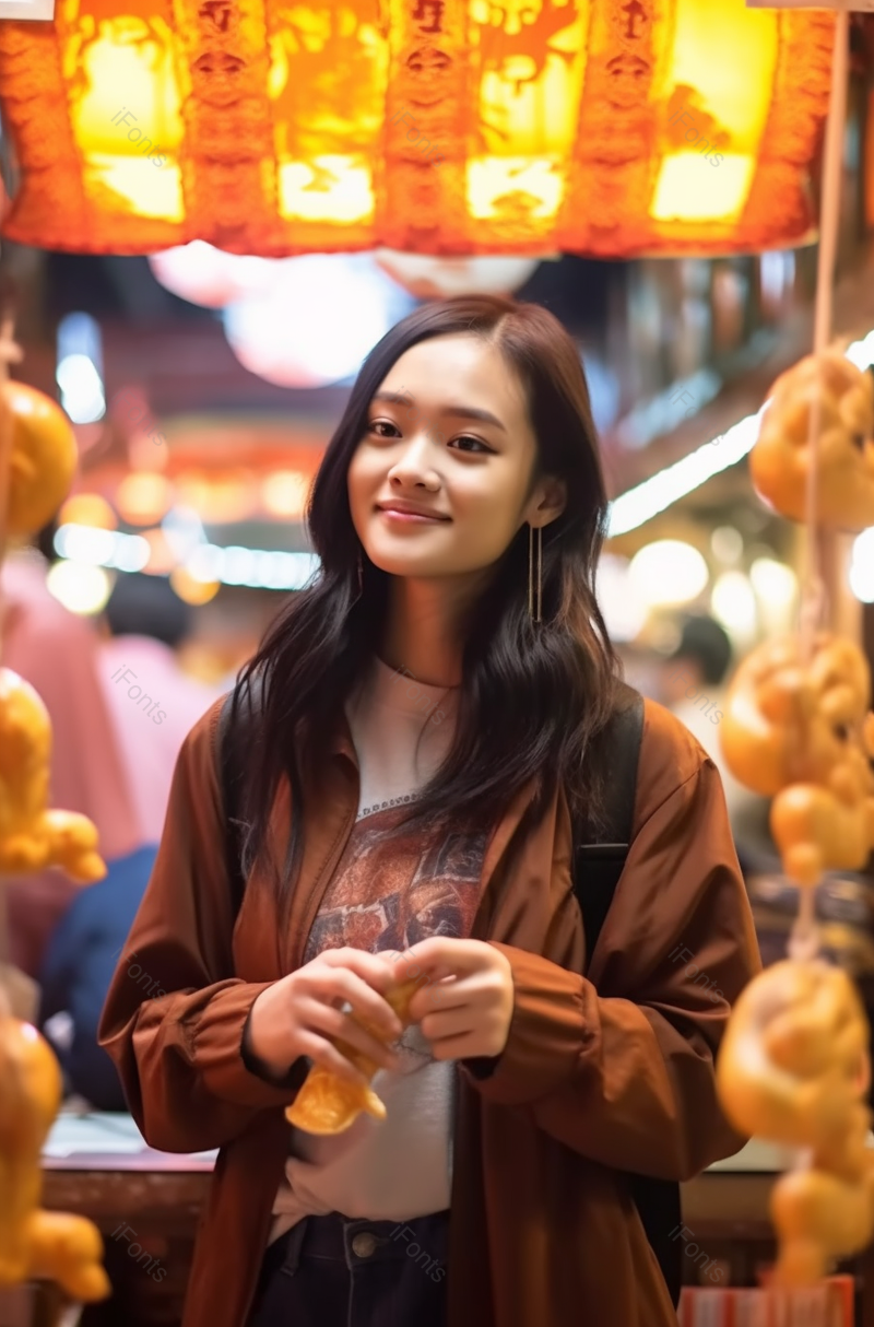 青年女子城市美食街旅行买糖人,高清,摄影图,摄影图片,图片大全,摄影图免费下载